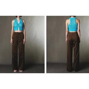 Kijun Brown Satin Bow Pants High-Waisted Wide-Leg Casual Zip Fly Size Medium M